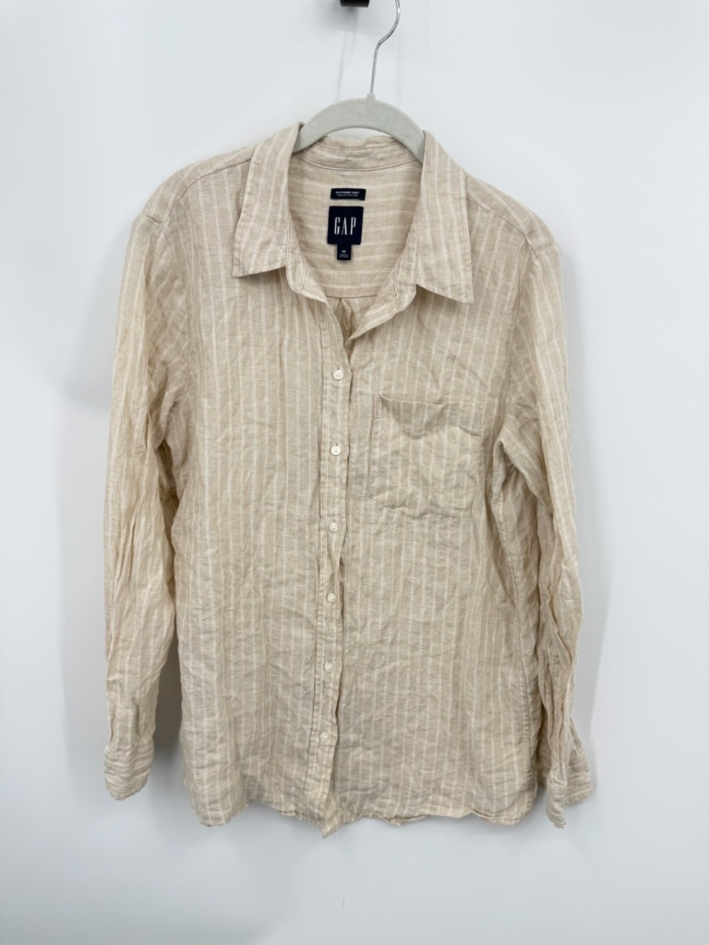 Gap 100% Linen Boyfriend Shirt neutral tan stripe sz M